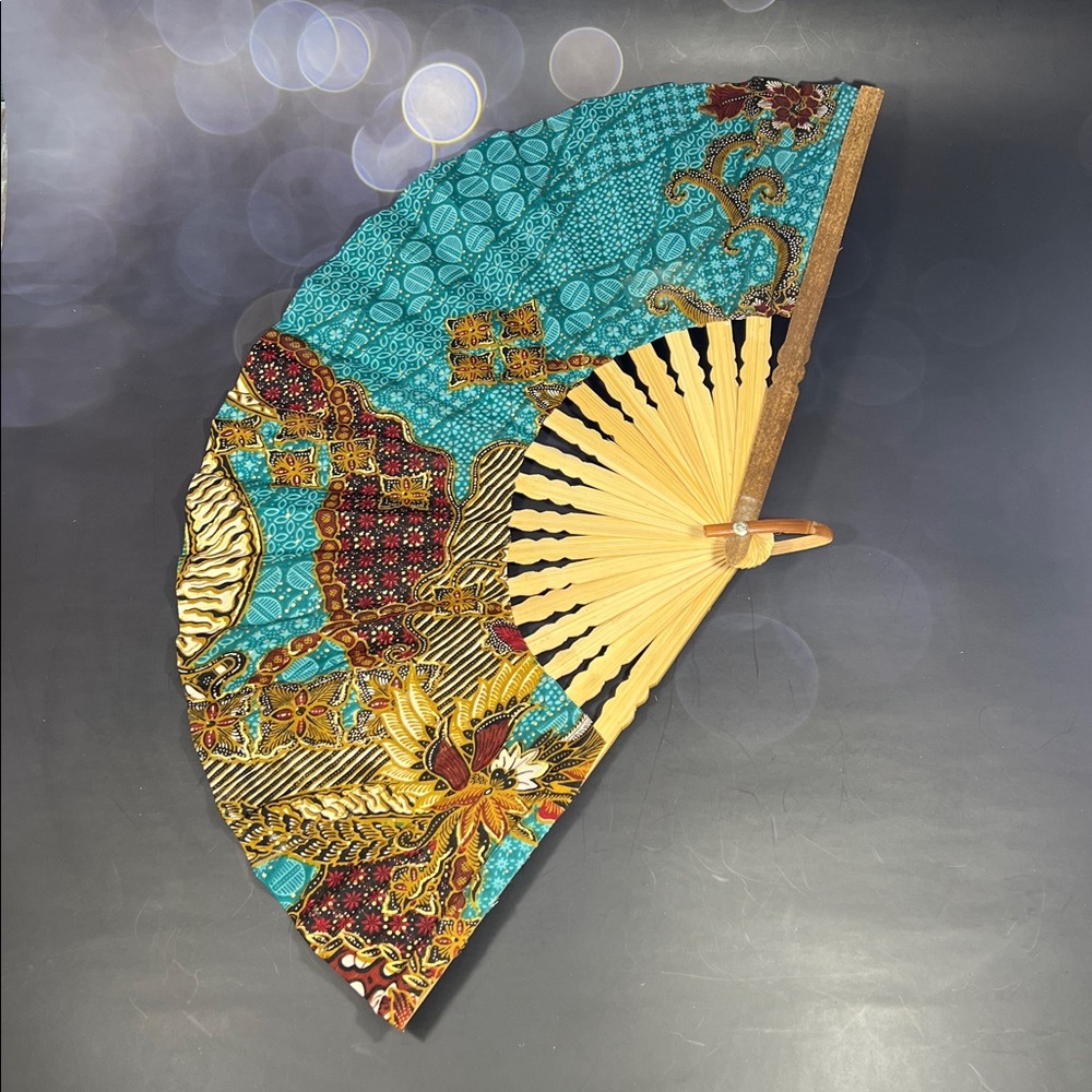 Turquoise & Gold Batik Folding bamboo Hand Fan - New